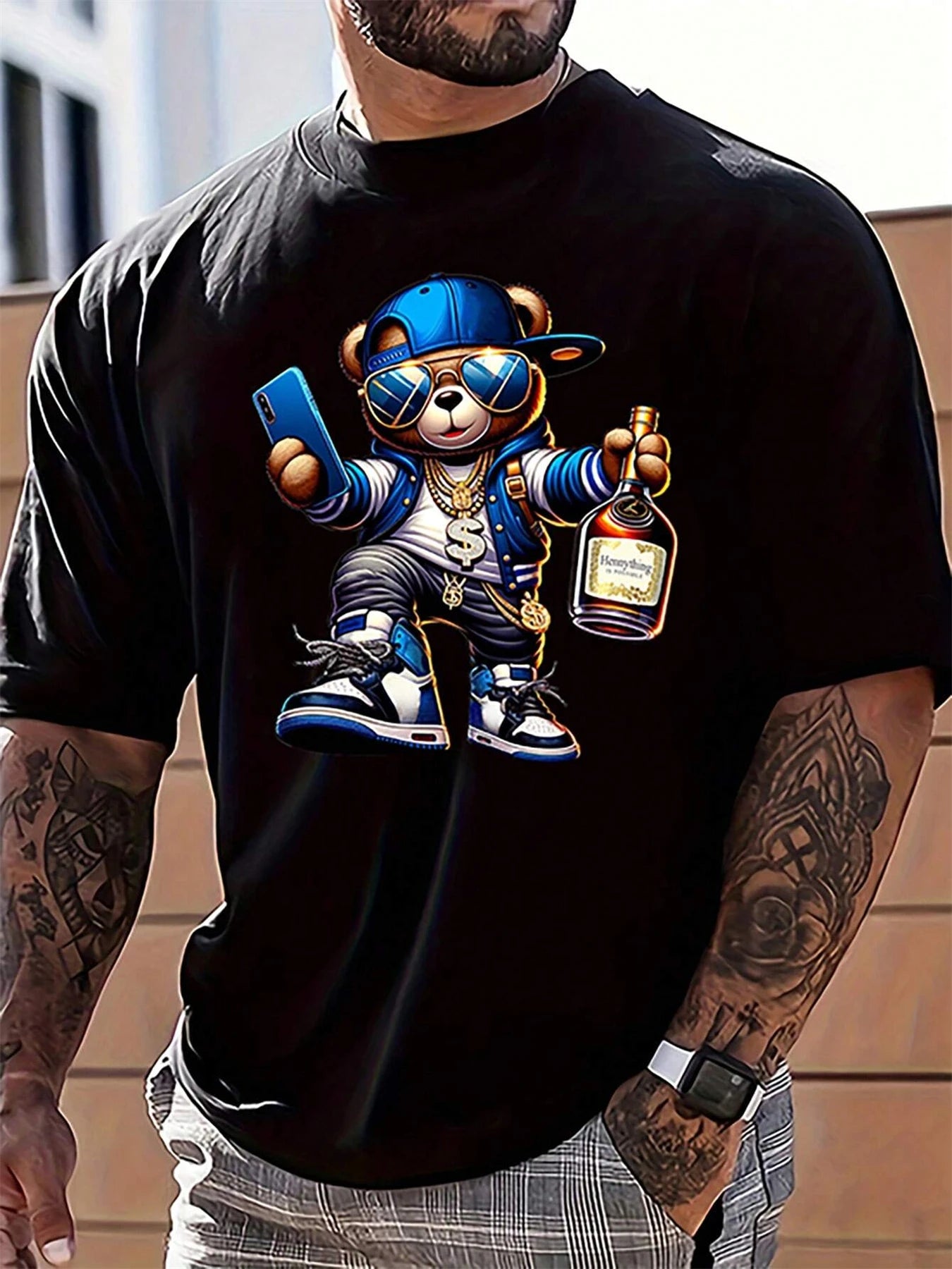 Men's Summer 100% Cotton Fashionable Casual Loose Large Size Cartoon  Printed Sports Round Neck Short Sleeve T-shirt Top