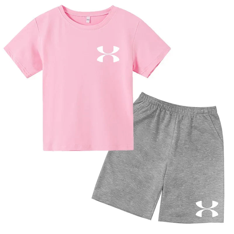 Casual t-shirt Set Kids  Fashion Two-Piece  Summer Sports Short-Sleeved Boy Girl 3-13Yrs  T-shirt +Shorts