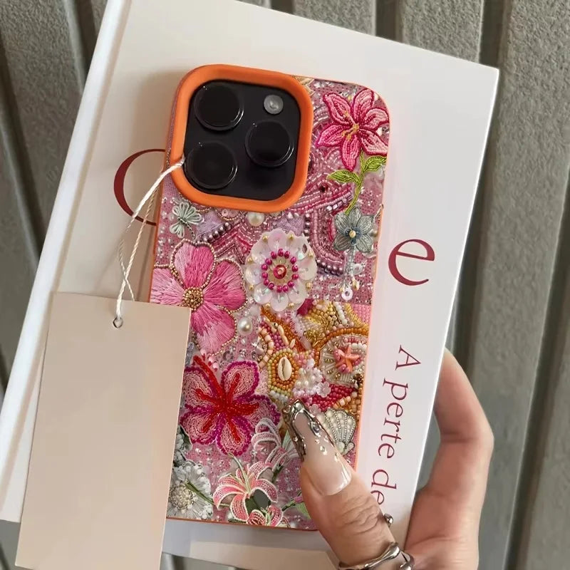 Floral And Beaded Patchwork Design Phone Case For iPhone 17 Pro Max 16 Plus 15 Pro 14 13 12 11 XR XS 17Air Soft Cover
