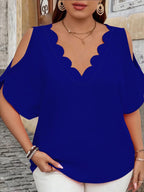 2025 Summer Women's T Shirt Elegant Wave V-Neck Off-Shoulder Short-Sleeved Fashion Tops Casual Solid Color Plus Size Female Tops