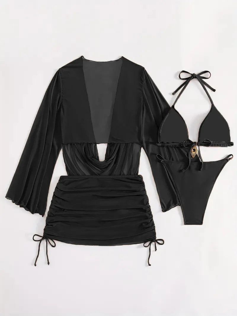 4pcs Sexy Solid Color Bikini Set With Sheer Cover-Up, Suitable For Vacation, Beach Party, Perfect For New Year And Valentine's