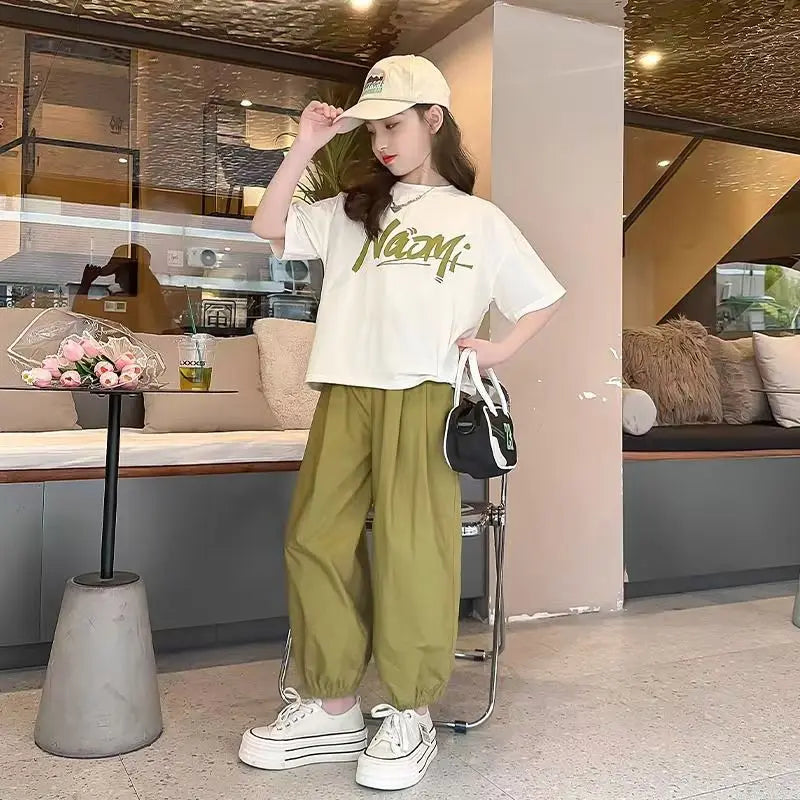 Korean Summer 2pcs green Set 2025 leisure girl Children t-shirt shorts kids clothes boys set