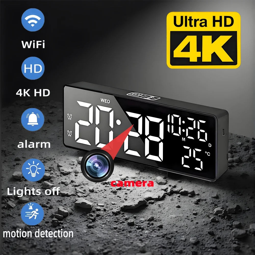 Mini 4K HD camera, supports remote viewing, motion detection, digital lights can be turned off, ringing alarm clock camera
