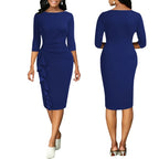 Womens Elegant Crew Neck 2/3 Sleeve Work Office Knee Length Ruffle Business Casual Party Ruched Pencil Bodycon Sheath Dress