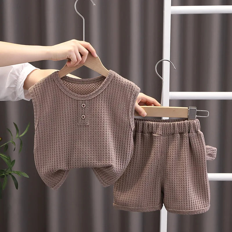 Korean Children Summer Sets Girl Boy Sleeveless Vest Shorts Suit Child Clothing Fashion Outfits Kids Costume