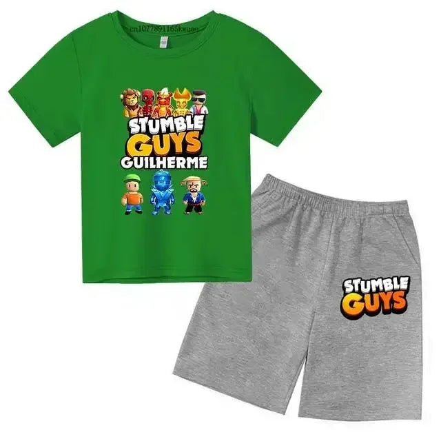Summer 2pcs Guys Short Sleeve T-shirts+Pants Suits 3-13 Years Boys Girls Outfits Children  Kids Funny Game Print Stumble Clothes