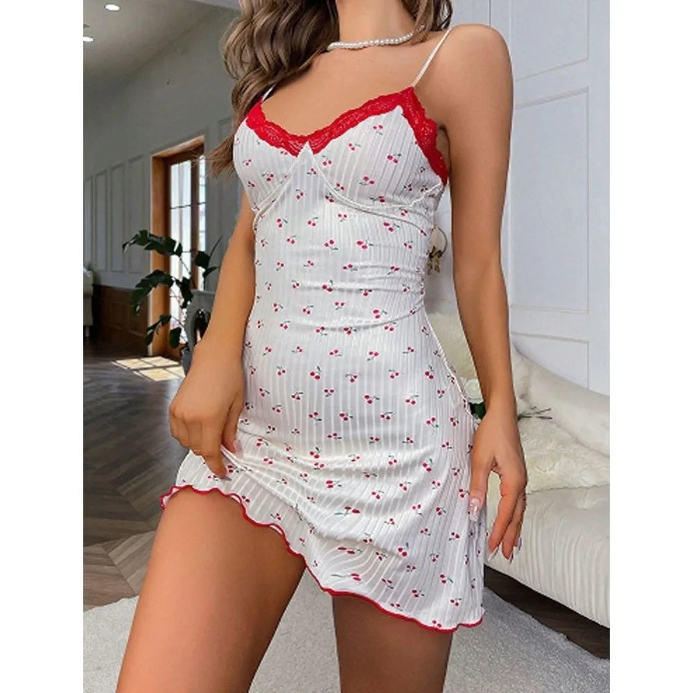 Elegant Heart Print Pajamas Dress Sleeveless V-Neck Nightgown Breathable Slim Fit Camisole Nightwear Adult Sleepwear