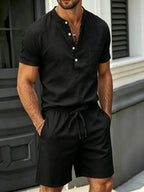 mens cotton linen 2 piece set v neck henley t shirt drawstring shorts breathable casual summer beach outfit
