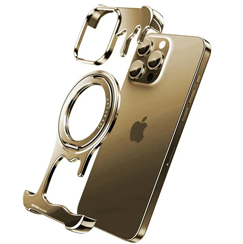 Eary Frameless Metal Bumper Case for iPhone 16/15/14/13 Pro Max for MagSafe 360°Rotatable Magnetic Kickstand Shockproof Cover