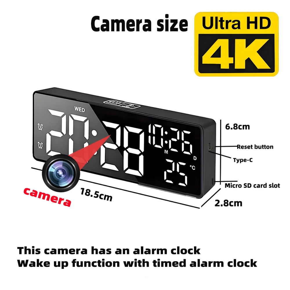 Mini 4K HD camera, supports remote viewing, motion detection, digital lights can be turned off, ringing alarm clock camera