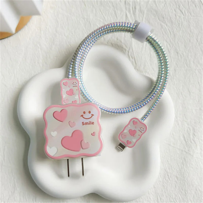 5pcs-set Heart Flower Wave Edge Charger Protective Cover Suitable for iPhone Models 12 13 14 15 Supports 18W 20W Fast Charging