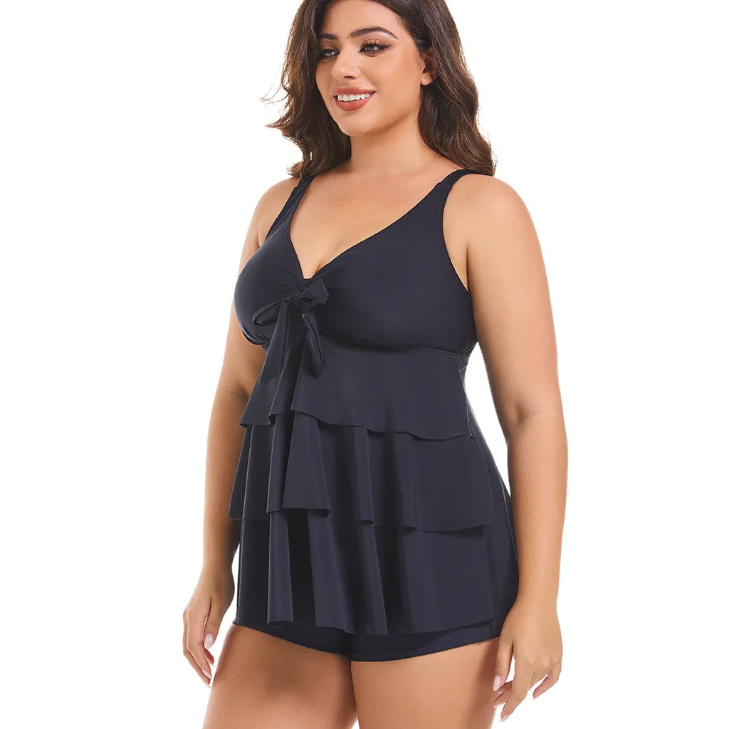 Women's Two Pieces Set Plus Size Tankini Swimsuits Ruffle Swim Tops And High Waist Shorts Bathing Suits Solid Swimwear