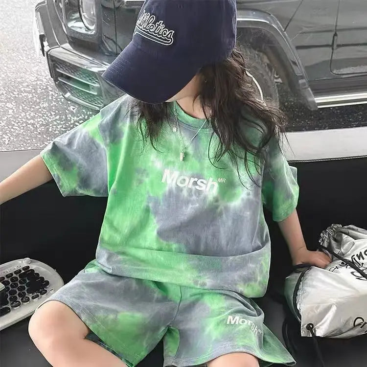 Korean Summer 2pcs green Set 2025 leisure girl Children t-shirt shorts kids clothes boys set