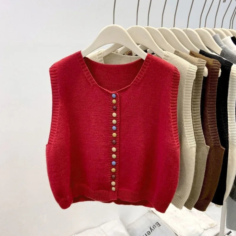 Sweater Vest Autumn Women Rainbow Single-breasted Button Soft Sweater Loose Knit Vest V-neck Knitwear Cardigan Lady Waistcoats