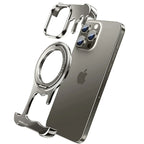Eary Frameless Metal Bumper Case for iPhone 16/15/14/13 Pro Max for MagSafe 360°Rotatable Magnetic Kickstand Shockproof Cover