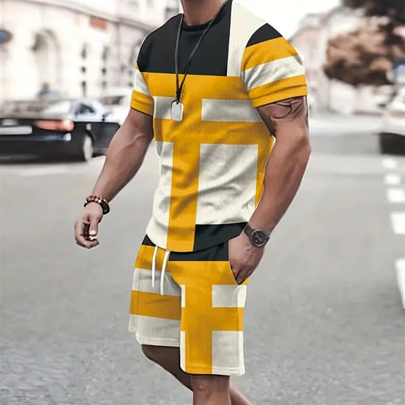 2024 Fashion Men's Sportswear Short Sleeve T Shirt And Sports Shorts Summer Casual Vintage Patchwork Suit Men's Two Piece Suit