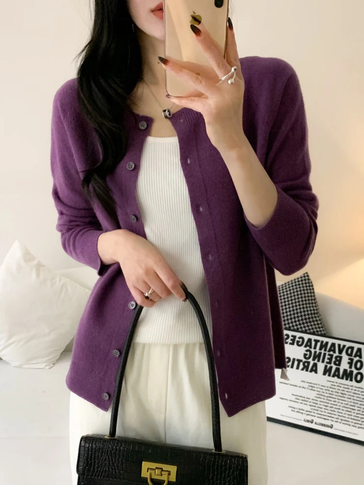100% Merino Wool Knitwear Autumn Winter Grace Solid Color Basics Cardigan Soft Warm Casual O-Neck Sweater Woman Clothing Tops