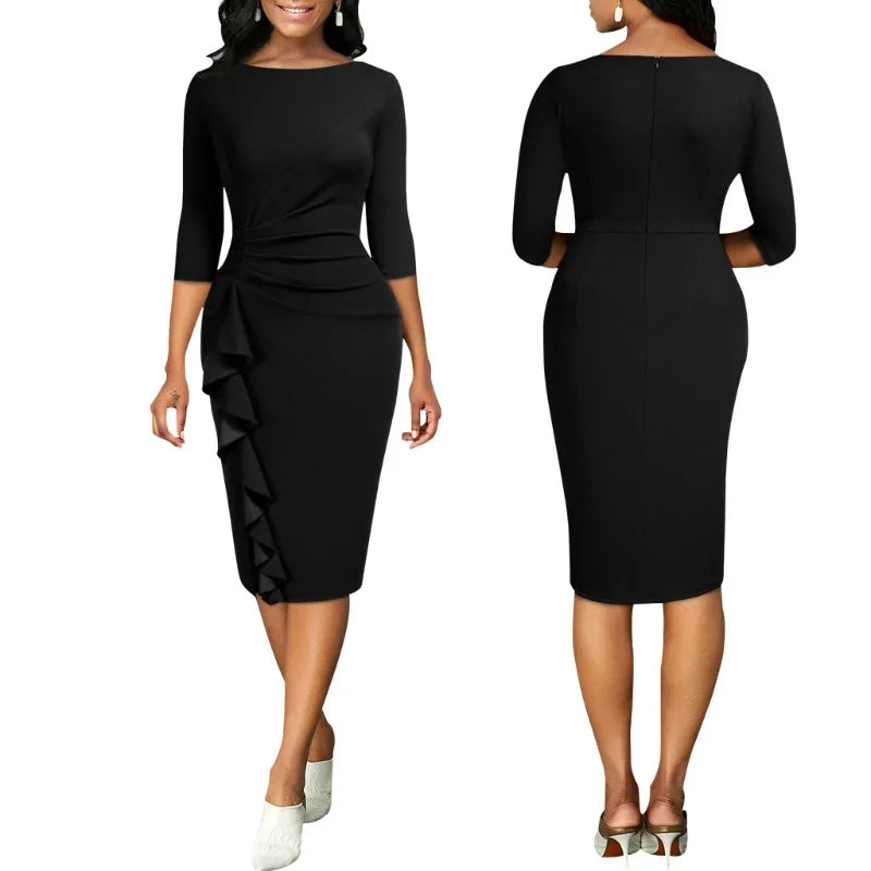 Womens Elegant Crew Neck 2/3 Sleeve Work Office Knee Length Ruffle Business Casual Party Ruched Pencil Bodycon Sheath Dress