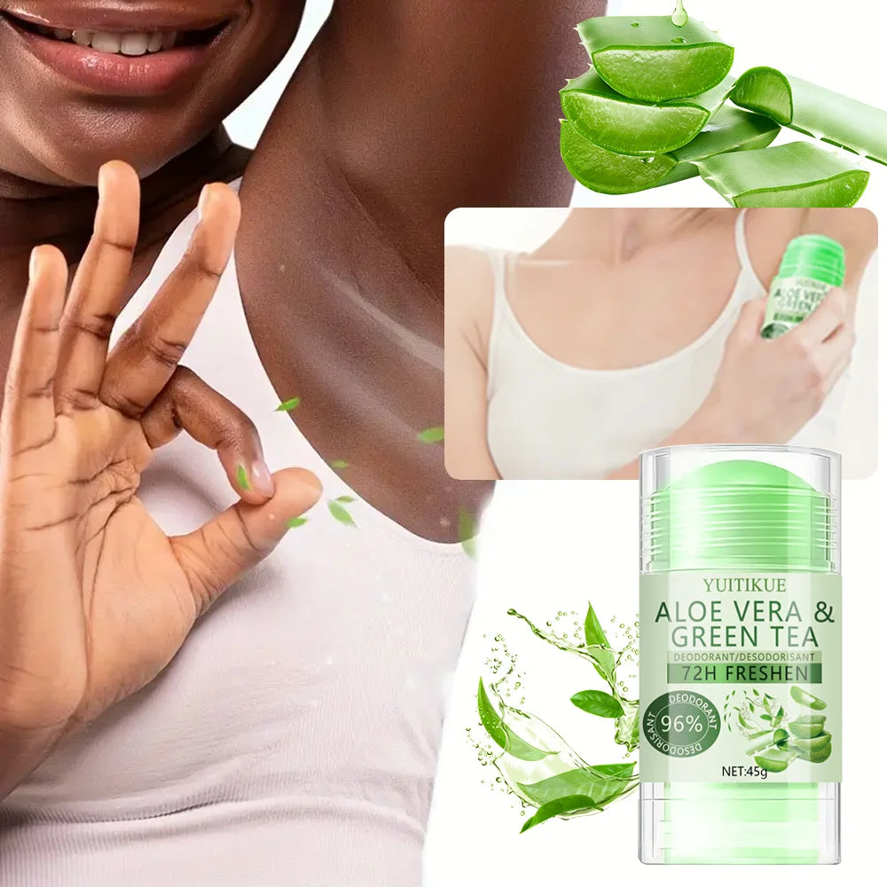 YUITIKUE Aloe & Green Tea Deodorant 45g - 72H Whole Body Fresh, 96%! Odor Control, 3-in-1 Care for Odor, Sweat & Skin
