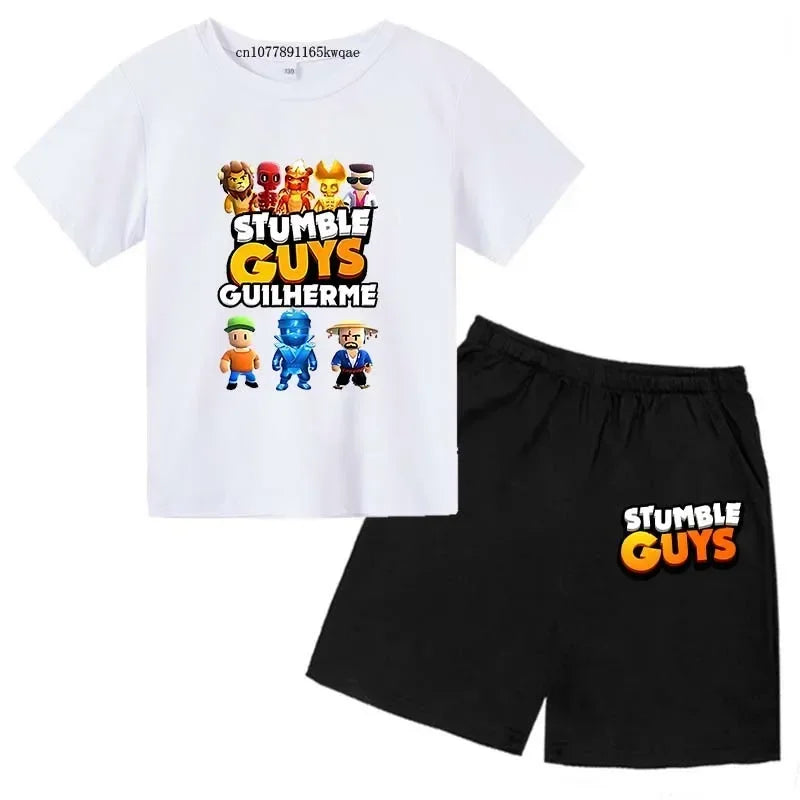 Summer 2pcs Guys Short Sleeve T-shirts+Pants Suits 3-13 Years Boys Girls Outfits Children  Kids Funny Game Print Stumble Clothes