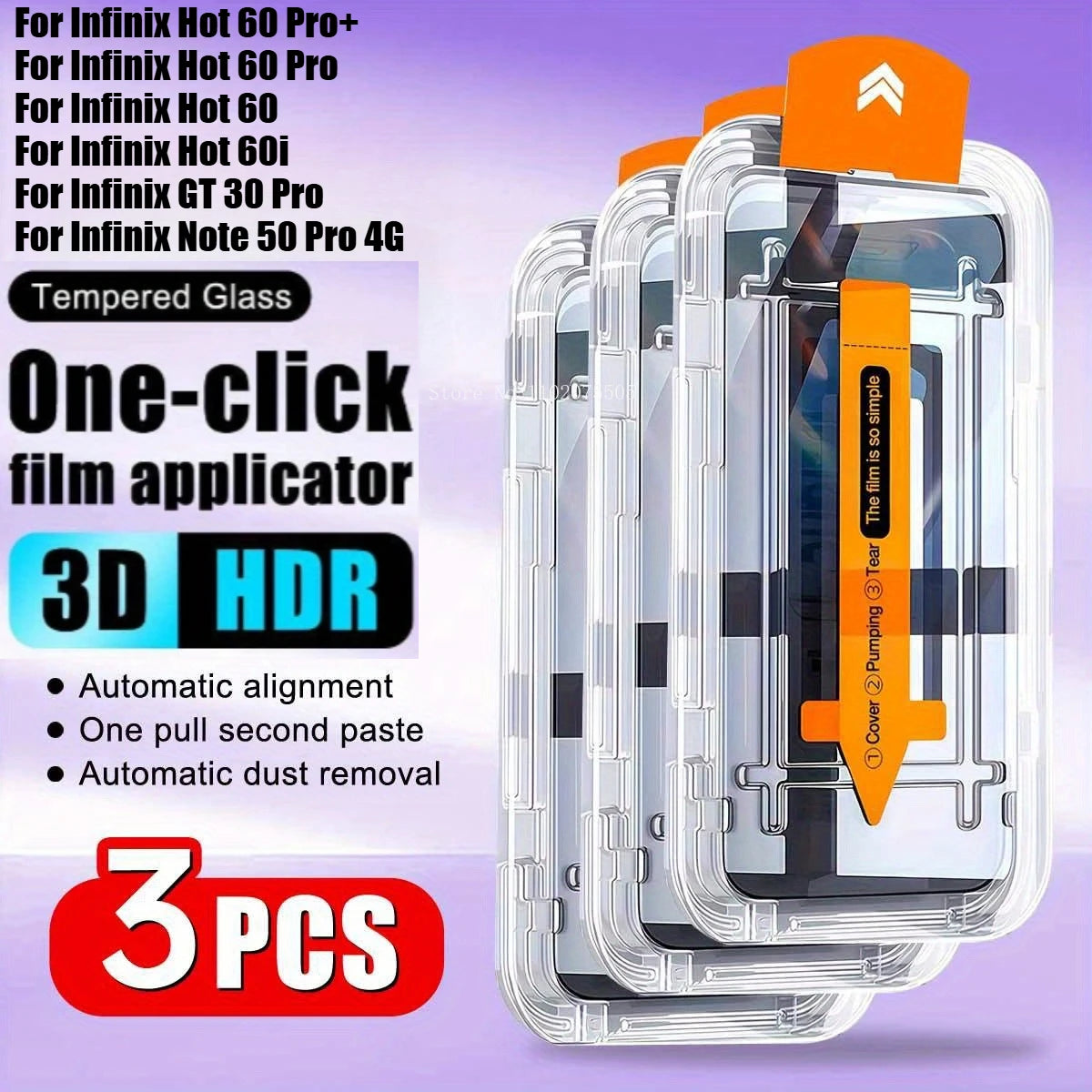 3PCS Tempered Film for Infinix Hot 60 Pro+,Hot 60i，One Click Application Screen Glass for Infinix GT 30 Pro，Note 50 Pro,50X,50S