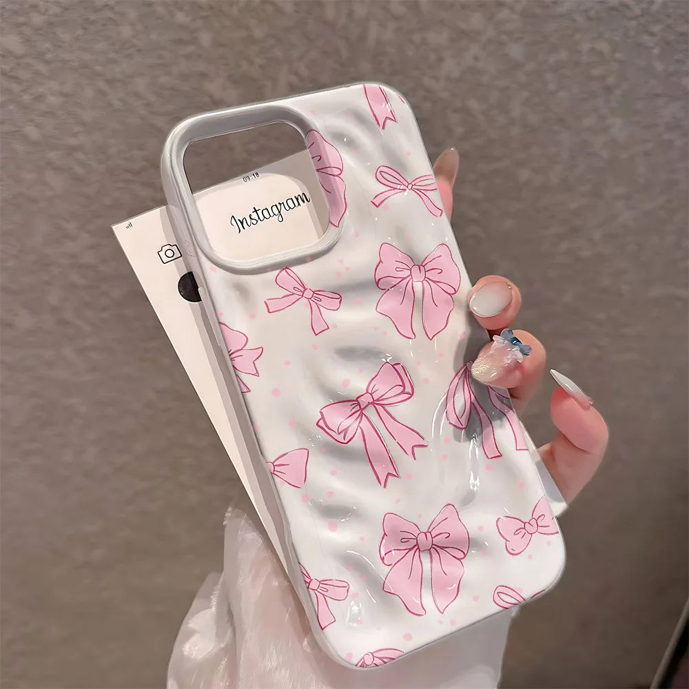 Pink Bow Print Mint Green Wavy Matte Phone Case For iPhone 16 Pro Case iPhone 17 14 11 13 12 15 Pro Max 16e Cover Funda