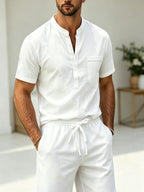 mens cotton linen 2 piece set v neck henley t shirt drawstring shorts breathable casual summer beach outfit