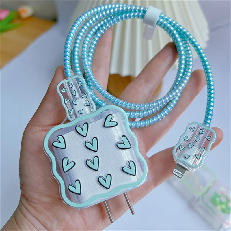 5pcs-set Heart Flower Wave Edge Charger Protective Cover Suitable for iPhone Models 12 13 14 15 Supports 18W 20W Fast Charging