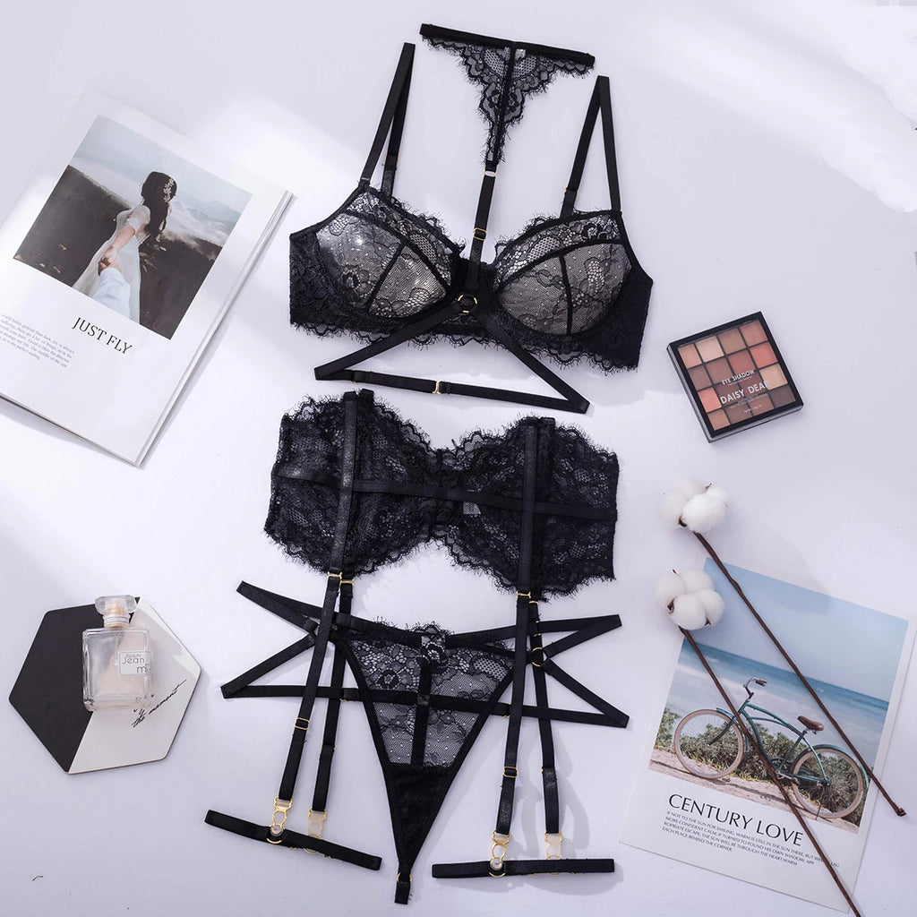 Eyelash Sexy Underwear Bras Brassiere Lingeries Women Lingerie Sets Lace Embroidery Push Up Bra Panties Sets Deep V Gather Tops