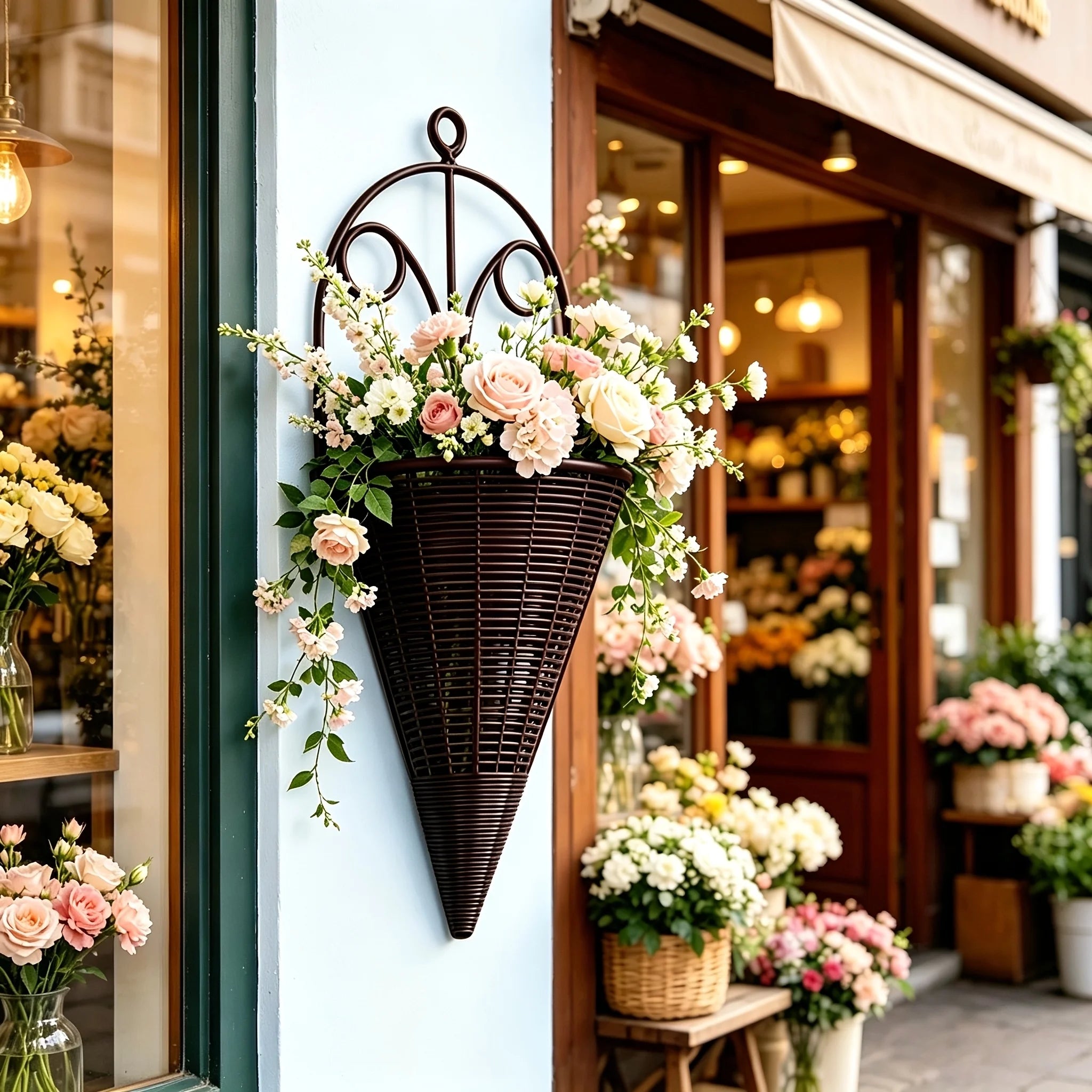 Home Decoration Hanging Flower Basket Plastic Durable Art Rattan Wall Hanging Fan-shaped Pattern Flower Arrangement Container