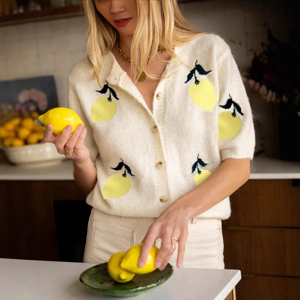 Women Lemon Pattern Knit Cardigan Cute Short Sleeve Button Down Sweater Vest Top New in Aesthetic Fruit Pattern