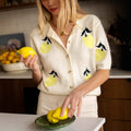 Women Lemon Pattern Knit Cardigan Cute Short Sleeve Button Down Sweater Vest Top New in Aesthetic Fruit Pattern