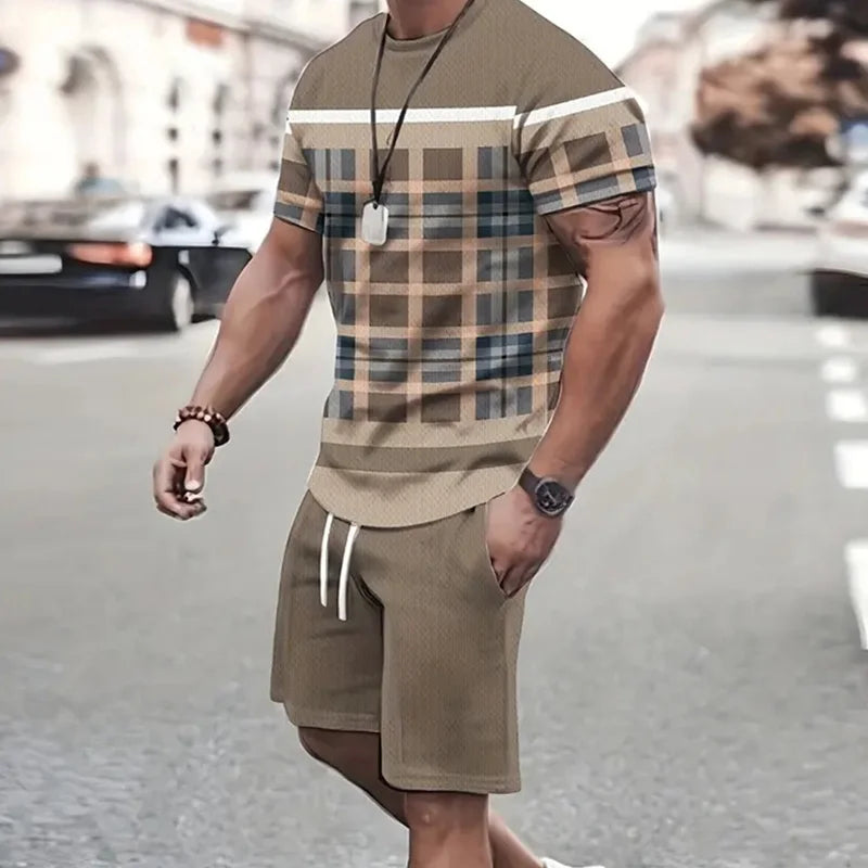 2024 Fashion Men's Sportswear Short Sleeve T Shirt And Sports Shorts Summer Casual Vintage Patchwork Suit Men's Two Piece Suit