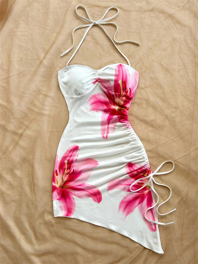 Women's Beach Vacation Graphic Floral Print Dress Asymmetric Hem Halter Neck Bow Bodycon Boho Short Dresses Streetwear 2025