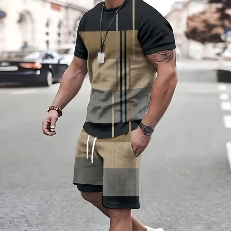2024 Fashion Men's Sportswear Short Sleeve T Shirt And Sports Shorts Summer Casual Vintage Patchwork Suit Men's Two Piece Suit
