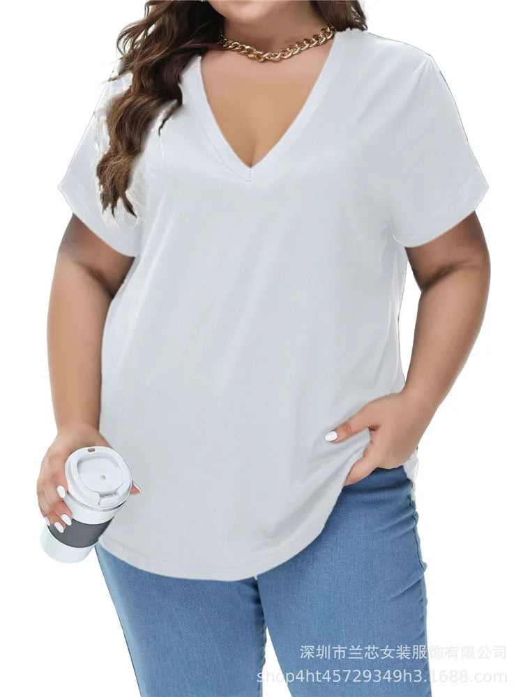 8XL Large Sizes Women T Shirt Summer Short Sleeve Loose Ladies Tees Shirt Casual V-Neck Pullover Black White Gray Tops Plus Size
