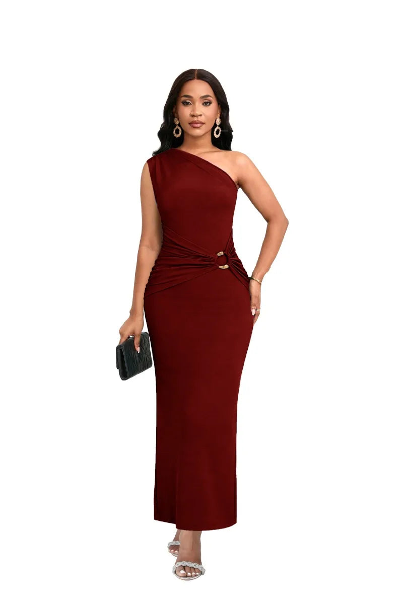 High end luxury crossover single shoulder wrap skirt with metal accessories suitable for women's elegant satin high waist figure