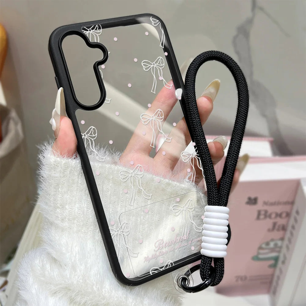 Black Bowknot Phone Case For Samsung Galaxy S26 Ultra Case A16 A56 5g A17 A55 A54 A36 A07 A06 S25 Ultra S24 FE S23 Lanyard Cover