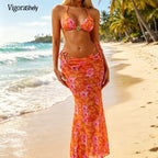 Vigorashely 2026 Print Tied Halter 3 Piece Bikini Set Swimsuit Women Beach High Waist Swimwear Lady Mesh Long Skirt Bathing Suit