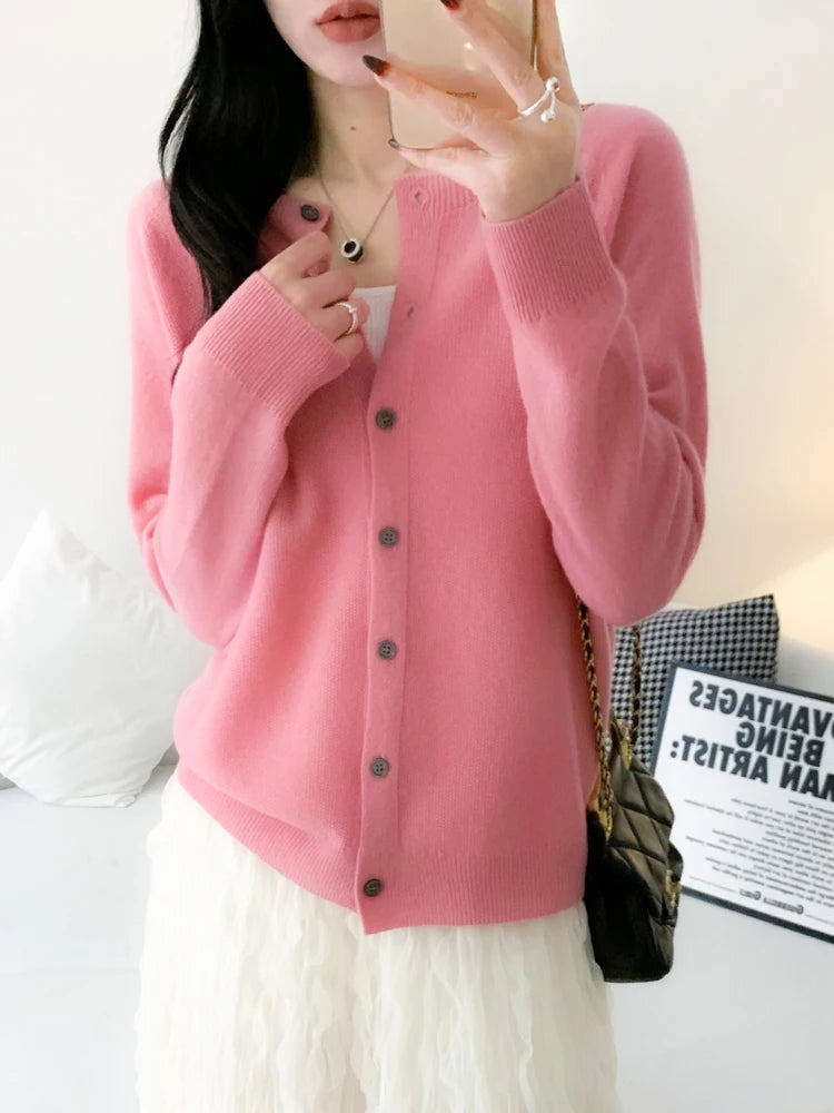 100% Merino Wool Knitwear Autumn Winter Grace Solid Color Basics Cardigan Soft Warm Casual O-Neck Sweater Woman Clothing Tops