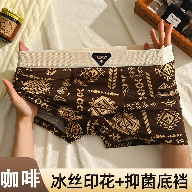 Underwear Man 2025 ice silk screen printed antibacterial breathable boxer shorts four-corner men's cheap clothing
