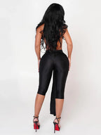 Weird Puss Ribbon Halter Romper Women Backless Patchwork Sleeveless Elastic Workout Activewear Midnight Activity Slim Playsuits
