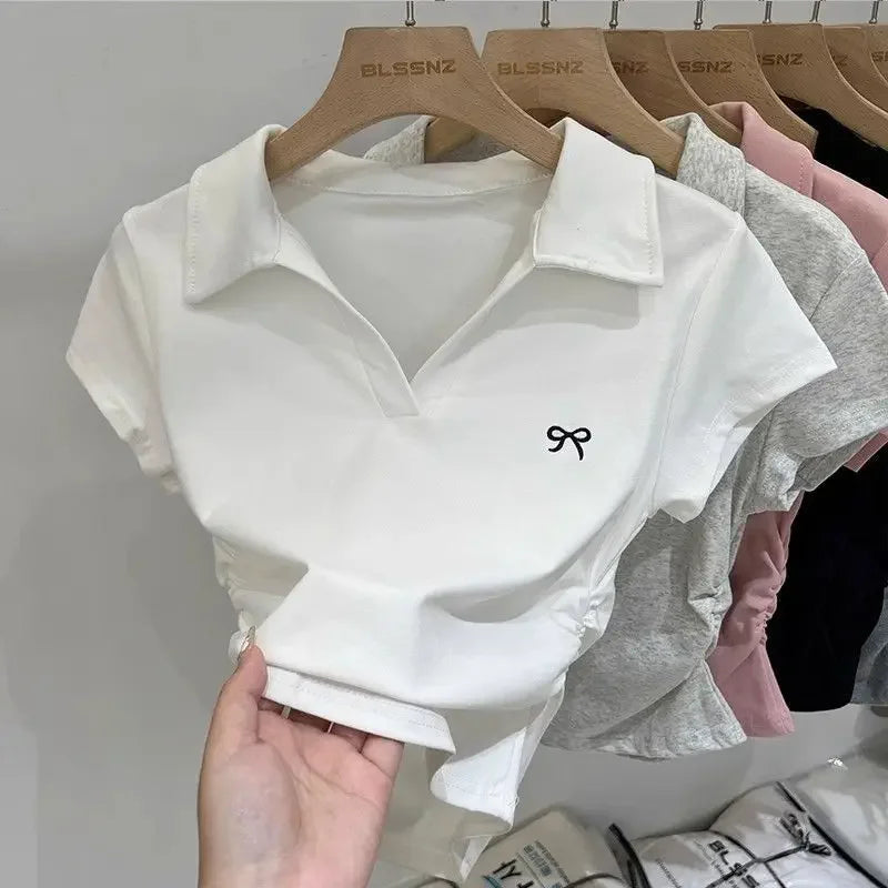 Summer Short Sleeve T-Shirt Women's Butterfly Embroidery Polo Collar Short Style Fashionable Top Cotton Material Flip Collar