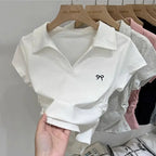 Summer Short Sleeve T-Shirt Women's Butterfly Embroidery Polo Collar Short Style Fashionable Top Cotton Material Flip Collar