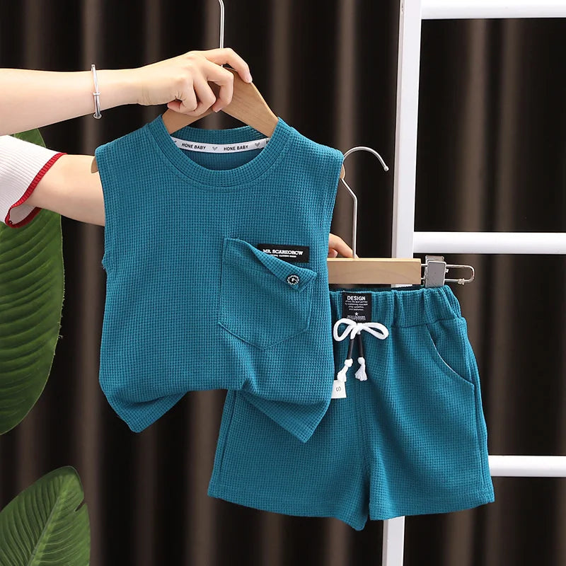 Korean Children Summer Sets Girl Boy Sleeveless Vest Shorts Suit Child Clothing Fashion Outfits Kids Costume