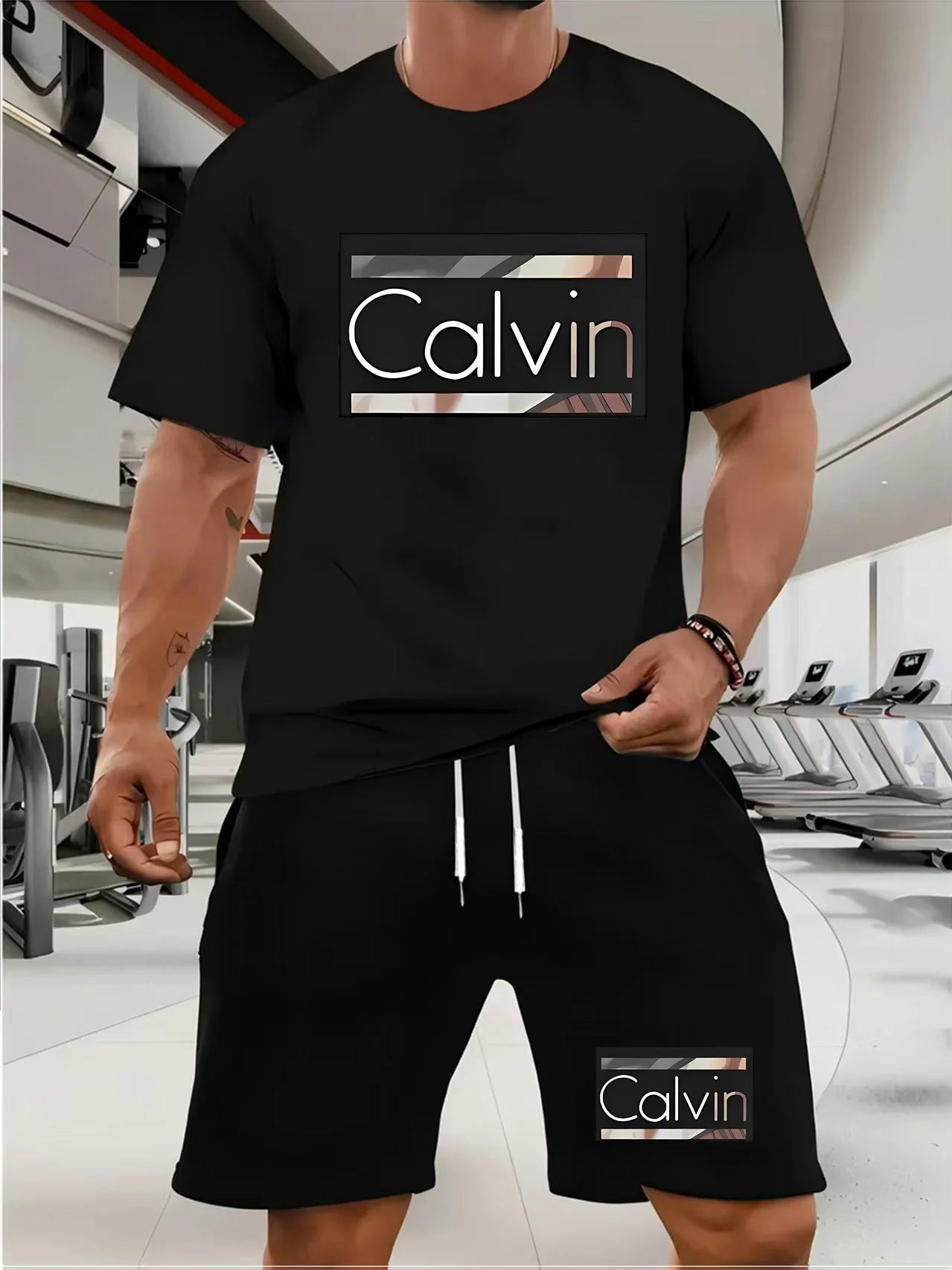 calvin  Men's new fashion summer sports printing crew-neck Mesh surface T-shirt shorts short-sleeved suit Loose two-piece set