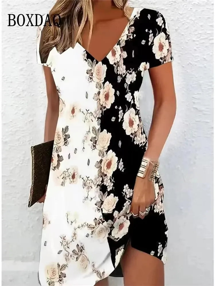 Women'S Casual Sundress Loose Summer Boho Beach Dress Floral Printed For Women Dress Retro V Neck Short Sleeve Plus Size Dresses