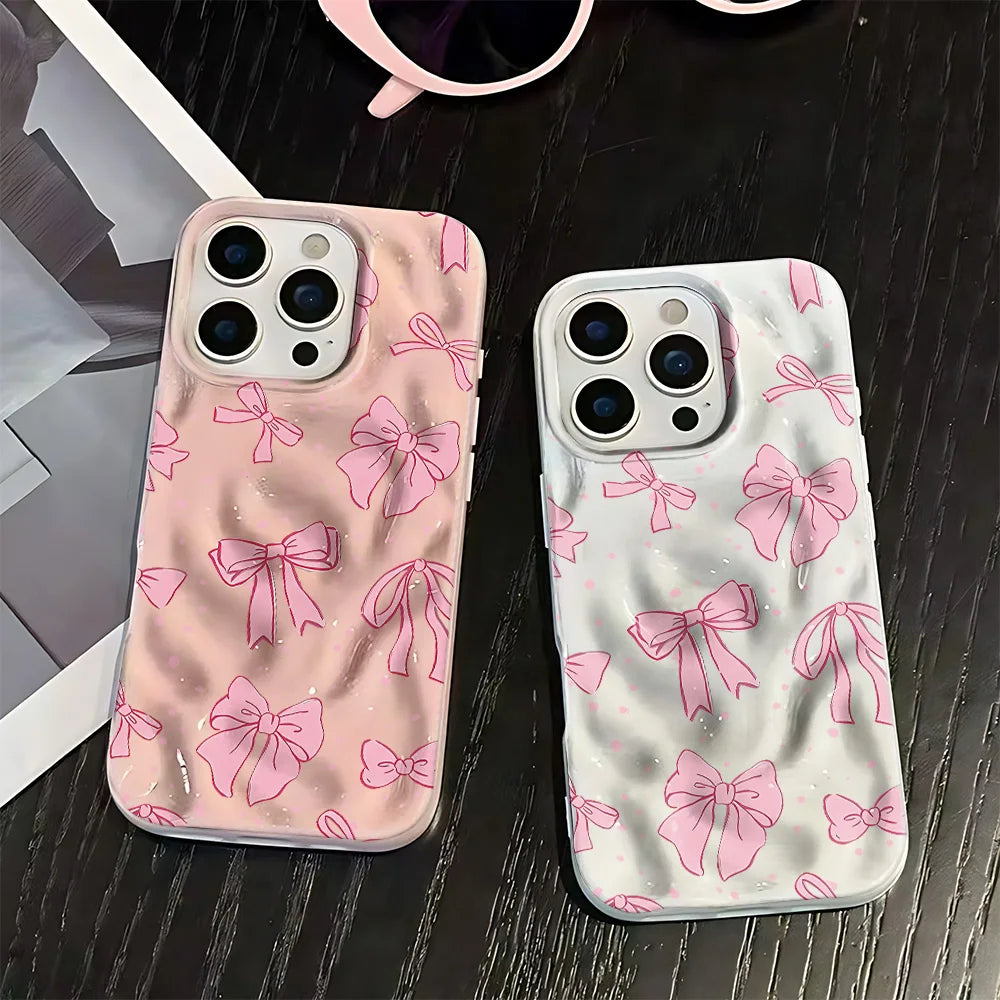Pink Bow Print Mint Green Wavy Matte Phone Case For iPhone 16 Pro Case iPhone 17 14 11 13 12 15 Pro Max 16e Cover Funda