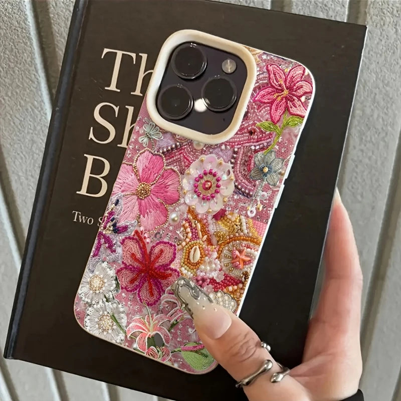 Floral And Beaded Patchwork Design Phone Case For iPhone 17 Pro Max 16 Plus 15 Pro 14 13 12 11 XR XS 17Air Soft Cover