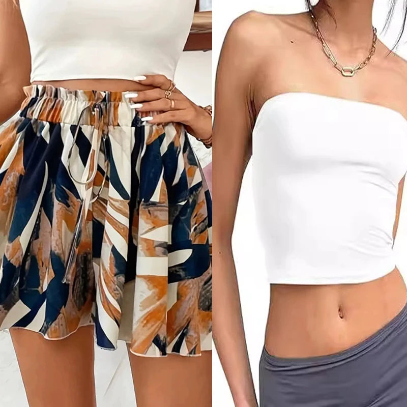 Women Floral Print Vacation Beachwear Shorts Skirts Summer High Elastic Waist Lace Up Drawstring Wide Leg Short Vestidos